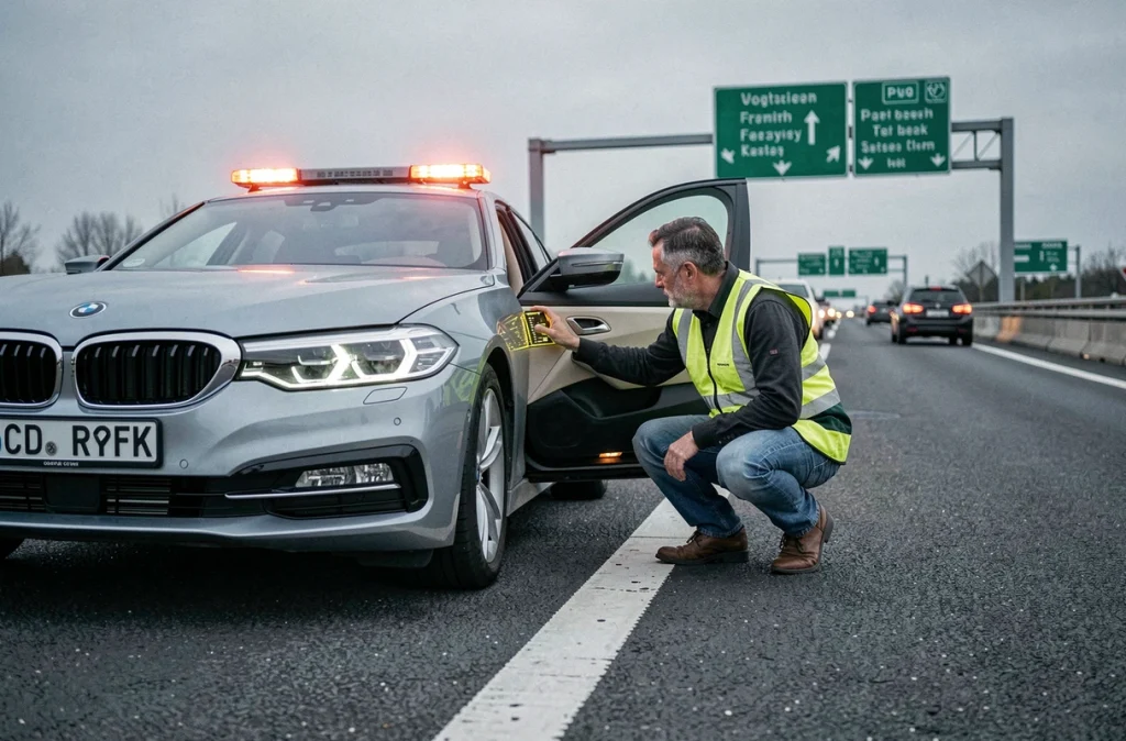 Homme en gilet de sécurité inspectant le tableau de bord d'une BMW garée sur la bande d'arrêt d'urgence de l'autoroute