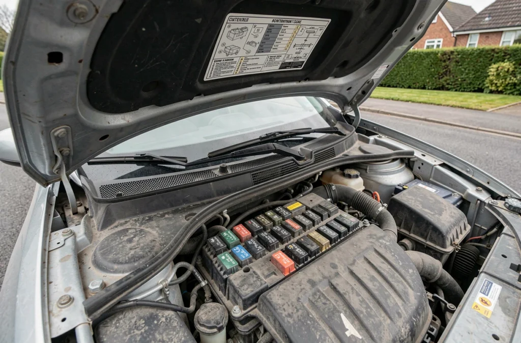 Boîte à fusibles et schéma sous capot d'une Renault Mégane 3 avec couvercle retiré