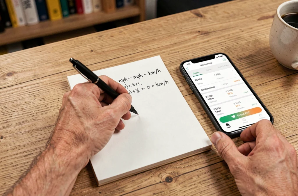 Mains écrivant une formule de conversion miles par heure en kilomètres par heure sur un bloc-notes avec un smartphone affichant un convertisseur