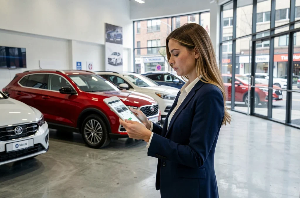 Femme consultant une liste de modèles de voitures sur tablette dans une concession automobile