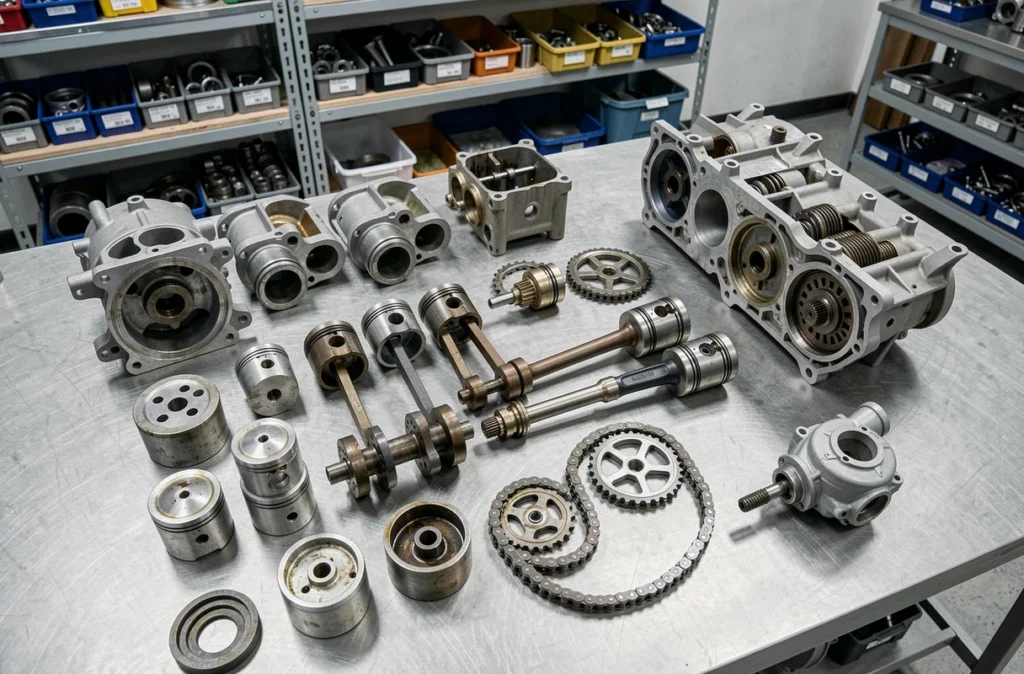 Composants internes d'un moteur TCe démonté sur établi avec pistons turbo et chaîne de distribution