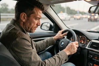 Conducteur BMW inquiet regardant le voyant moteur allumé sur le tableau de bord en roulant sur l'autoroute