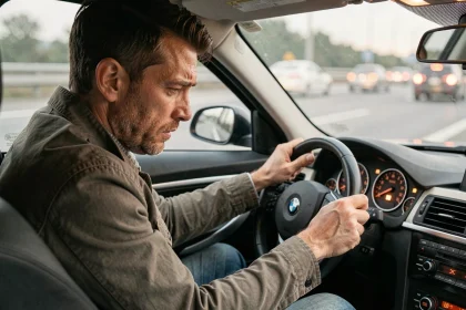 Conducteur BMW inquiet regardant le voyant moteur allumé sur le tableau de bord en roulant sur l'autoroute