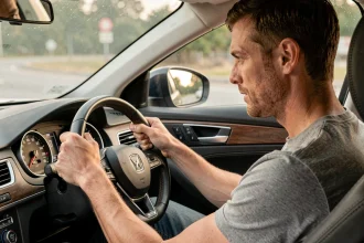 Conducteur regardant un compteur de vitesse affichant miles par heure et kilomètres par heure dans une voiture moderne