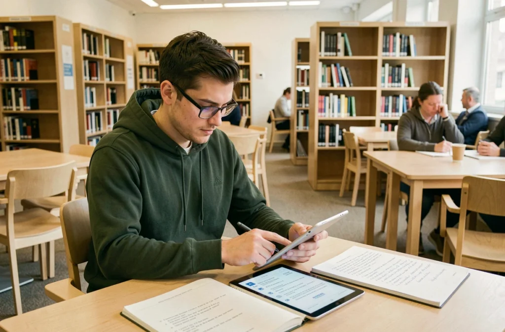 Homme consultant des questions de permis de conduire au format PDF sur une tablette dans une bibliothèque