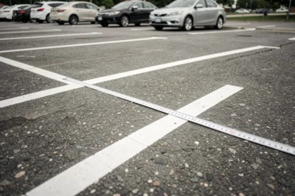 Mesure de la largeur d'une place de parking avec un mètre ruban sur un parking extérieur aux marquages au sol bien visibles