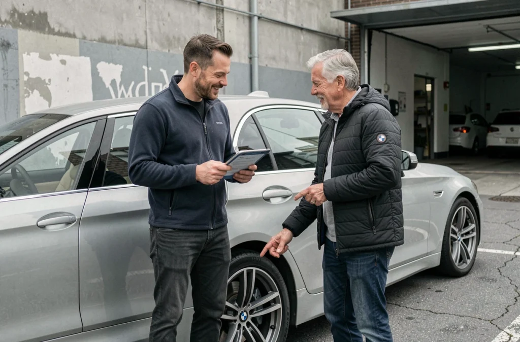 Deux passionnés BMW discutant de conseils d'entretien à partir d'un forum en ligne
