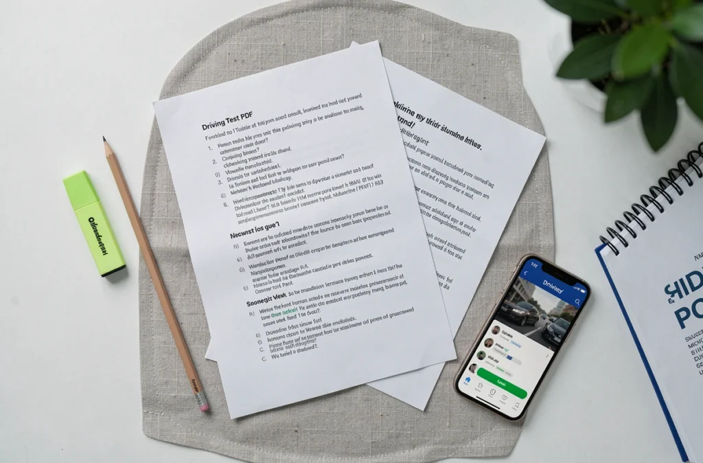 Vue de dessus d'un document PDF imprimé de questions de permis de conduire sur un bureau minimaliste