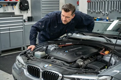 Homme entretenant le moteur d'une BMW dans un garage privé bien équipé