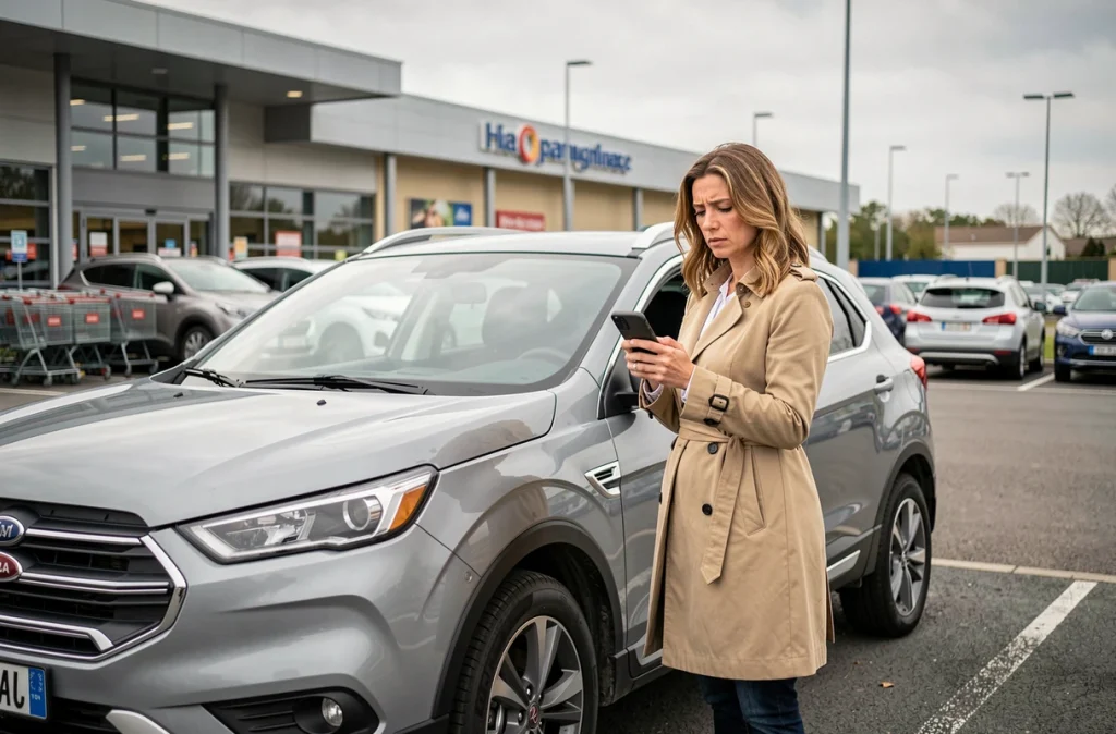 Femme hésitant à acheter un véhicule diesel Crit'Air 2 en consultant son smartphone dans un parking de supermarché