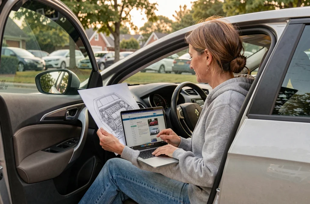 Femme consultant un schéma électrique Mégane 3 imprimé et un forum en ligne depuis son véhicule