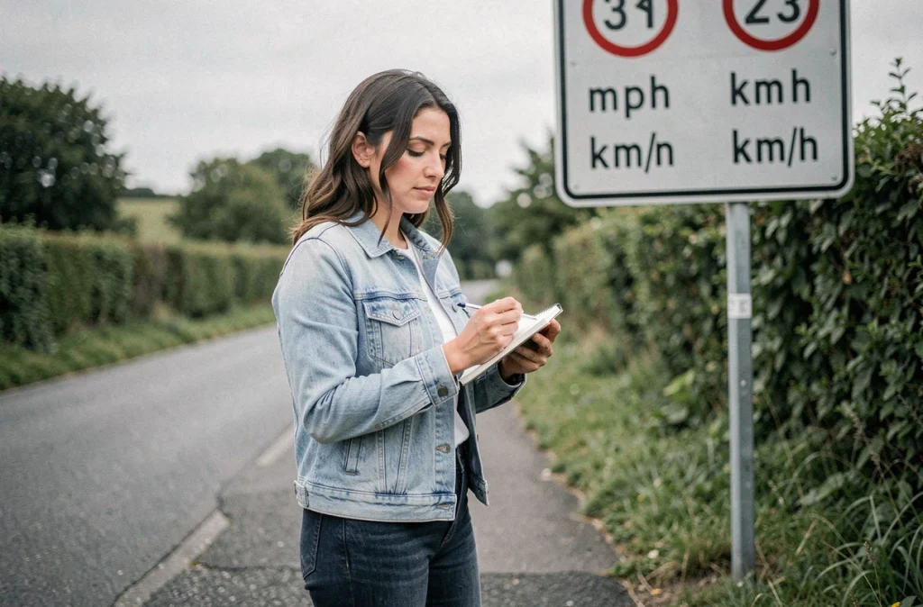 Femme calculant mentalement la conversion miles par heure en kilomètres par heure près d'un panneau de limitation de vitesse