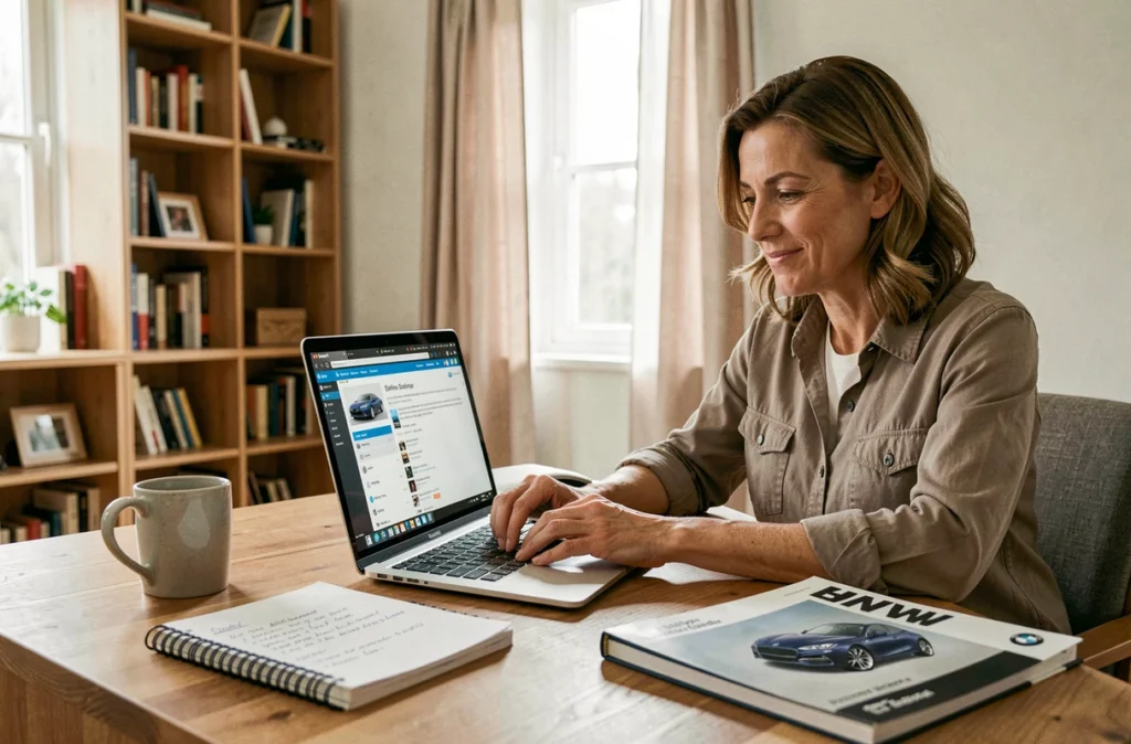 Femme consultant un forum BMW en ligne depuis son bureau à domicile