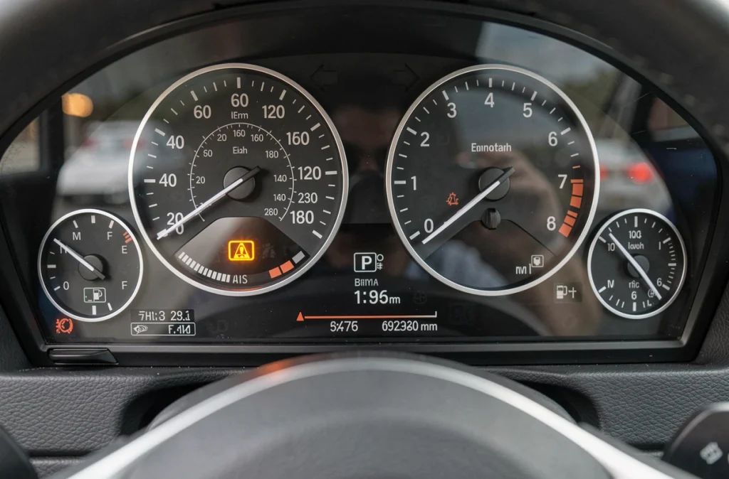 Gros plan sur le voyant moteur allumé en orange sur le tableau de bord d'une BMW en roulant