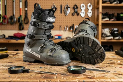 Chaussures de ski Salomon Maxi 106 vintage posées sur un établi d'atelier, inspection des détails d'authenticité