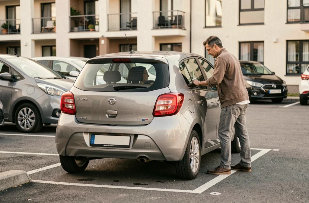 Conducteur effectuant une manœuvre de stationnement en marche arrière dans une place de parking résidentiel aux dimensions réglementaires