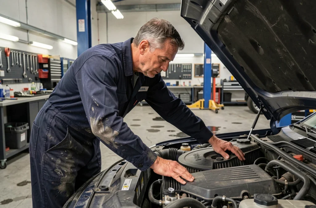 Mécanicien professionnel inspectant un moteur diesel dans un garage automobile, en lien avec l'entretien des véhicules Crit'Air 2