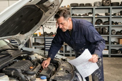 Mécanicien consultant un schéma sous capot Mégane 3 dans un atelier automobile professionnel