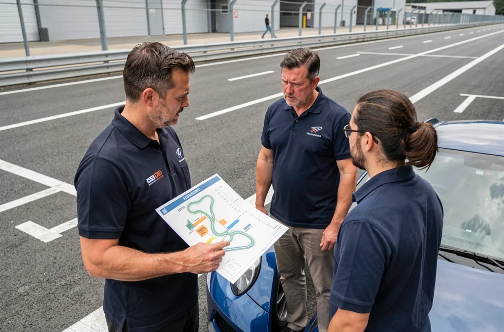 Moniteur de stage de pilotage expliquant le tracé du circuit à des participants devant une voiture de sport