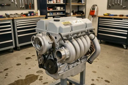 Moteur TCe turbocompressé sur établi de garage automobile avec turbo et tuyauterie visibles