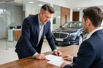 Homme en costume négociant l'achat d'une Mercedes V12 dans une concession automobile professionnelle