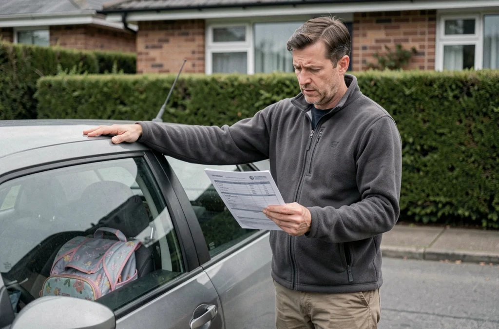 Père de famille examinant la facture de leçons de conduite de son enfant devant une auto-école, air préoccupé par le coût