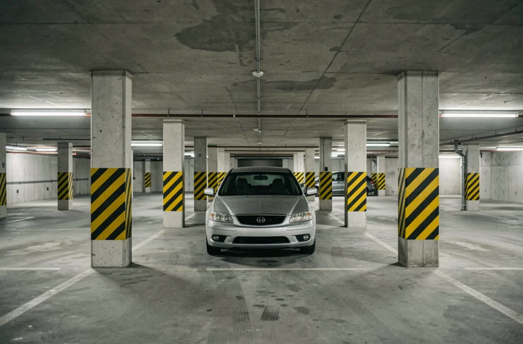 Garage souterrain avec piliers réduisant l'espace de manœuvre des places de stationnement en sous-sol