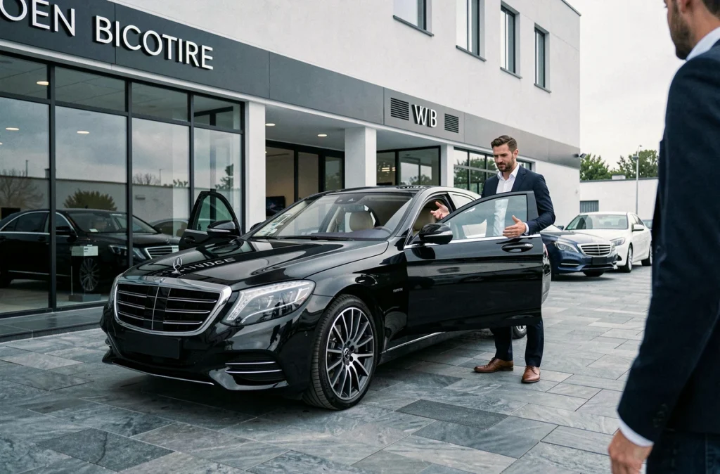 Vendeur professionnel présentant une Mercedes V12 noire sur le parvis d'une concession haut de gamme