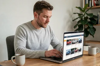 Homme cherchant une voiture sur un site de liste automobile depuis un bureau à domicile