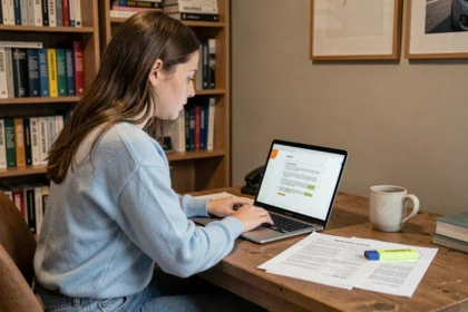 Jeune femme révisant des questions de permis de conduire en PDF sur un ordinateur portable à son bureau