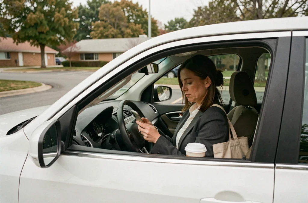 Femme active salariée vérifiant son téléphone entre deux leçons de conduite, assise au volant d'une auto-école en banlieue