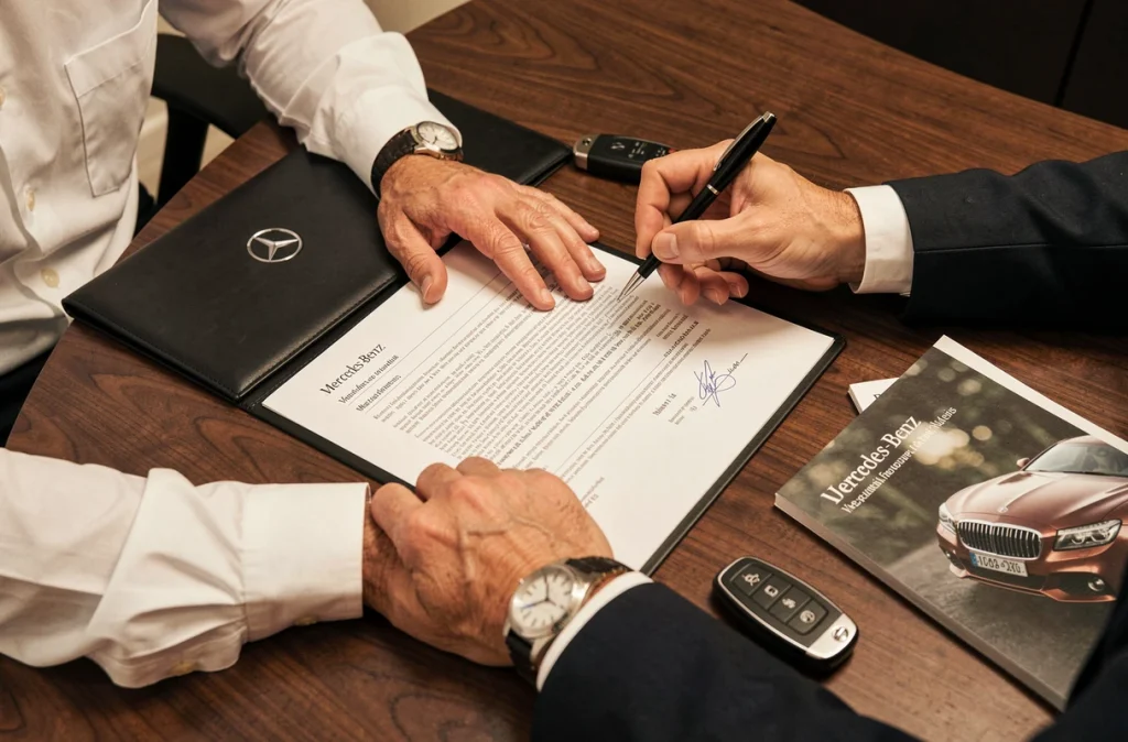 Gros plan sur la signature d'un contrat d'achat d'une Mercedes V12 chez un vendeur professionnel