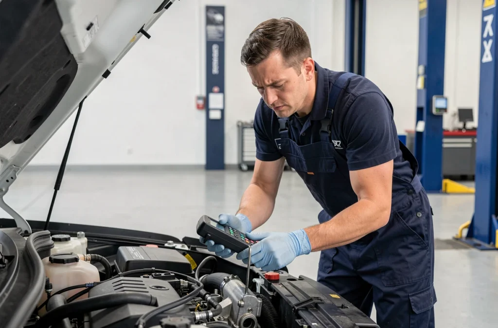 Technicien automobile diagnostiquant un moteur TCe turbo dans un atelier de concession moderne
