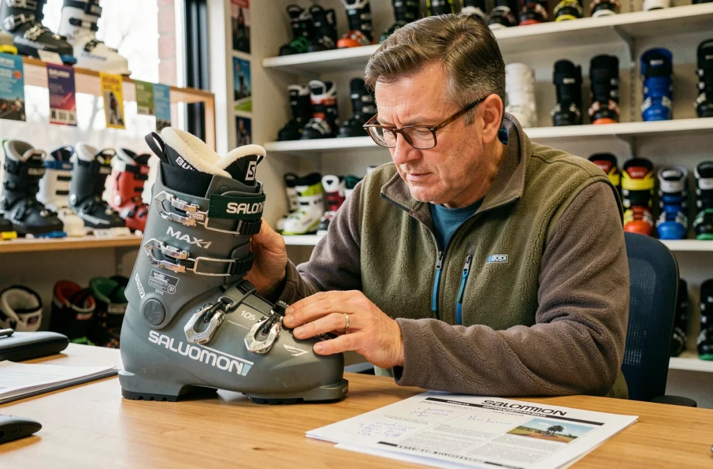 Technicien en ski examinant l'intérieur d'une chaussure Maxi 106 pour en vérifier l'authenticité dans une boutique de location