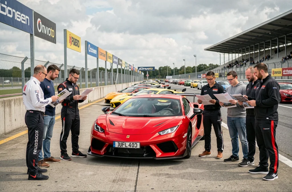 Voitures de sport alignées dans le paddock d'un circuit lors d'un stage de pilotage avec des participants