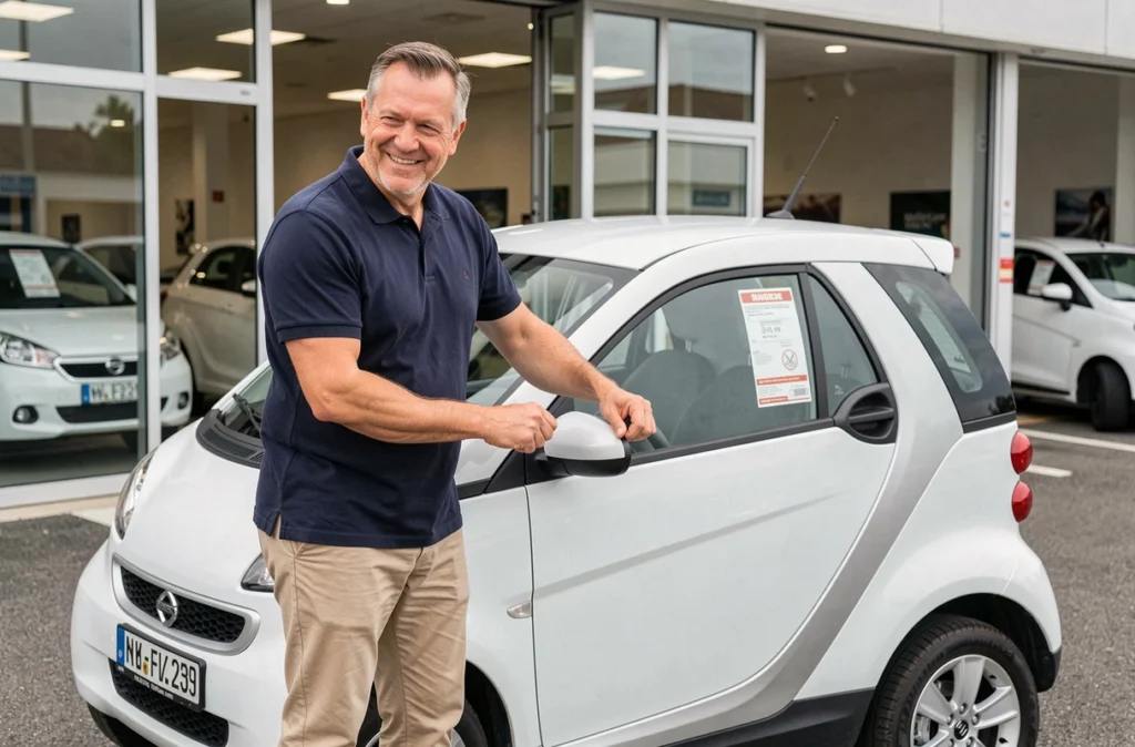 Homme souriant ouvrant la portière d'une voiture sans permis blanche dans un concessionnaire à Albi