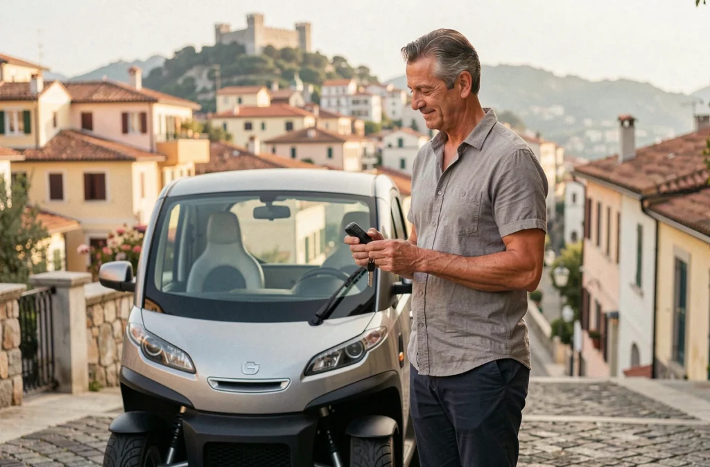 Homme d'âge moyen tenant les clés de sa nouvelle voiture sans permis dans une rue en pente de Nice
