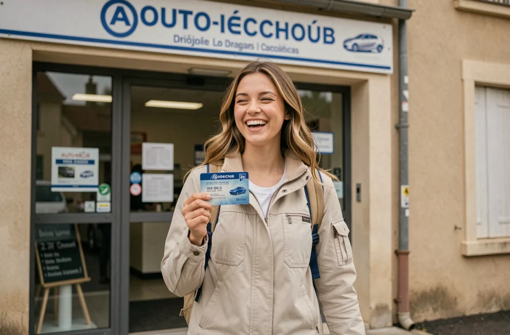 Jeune femme de l'Alouette Auto-École dans le Loiret tenant son permis de conduire