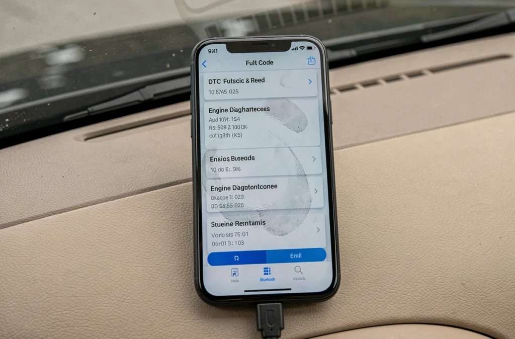 Application mobile affichant des codes défaut DTC sur un smartphone posé sur le tableau de bord avec un dongle OBD2