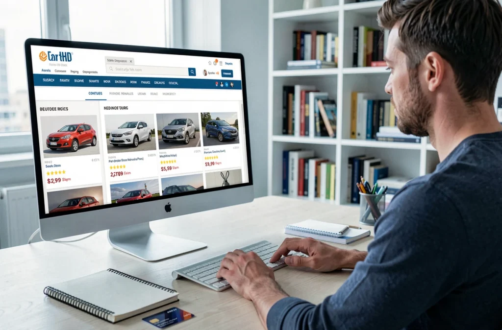 Personne achetant une voiture d'occasion en ligne sur le site Aramisauto depuis son appartement avec un ordinateur et une carte bancaire.