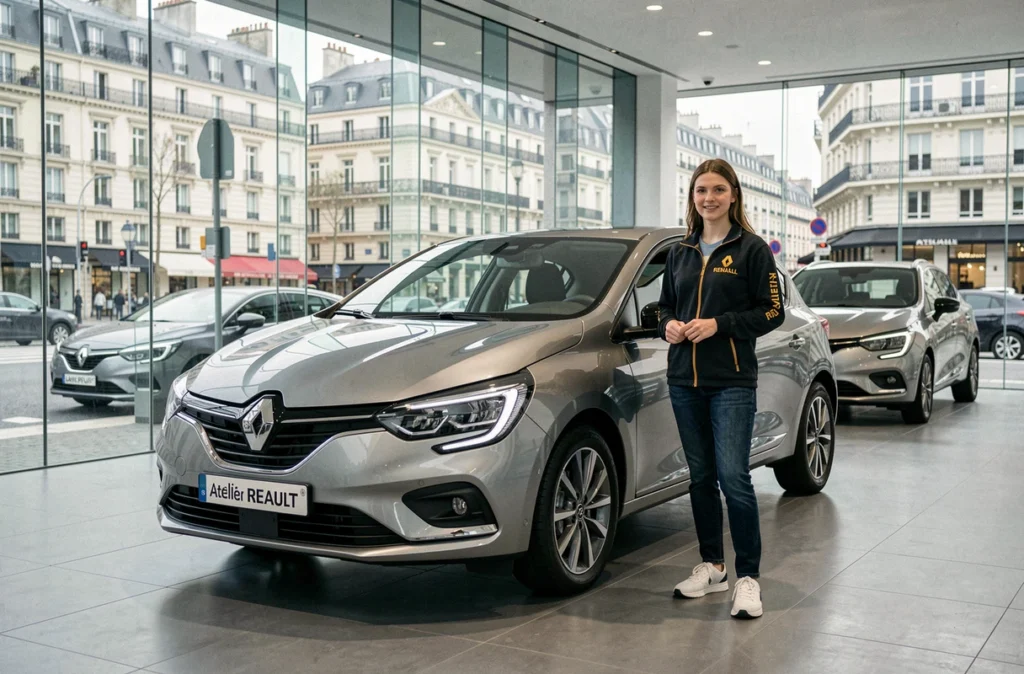 Intérieur de l'Atelier Renault sur les Champs-Élysées avec une conseillère et un véhicule d'occasion labellisé exposé sur sol poli.
