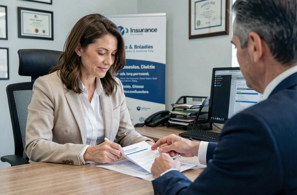 Femme recevant son attestation d'assurance scooter dans une agence d'assurance