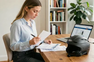 Jeune femme consultant son attestation d'assurance scooter à son bureau à domicile