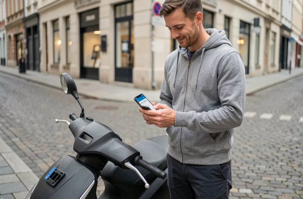 Homme vérifiant son attestation d'assurance scooter sur smartphone en rue