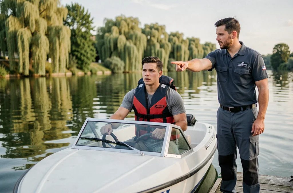 Élève de la Auto Boat School Lutton apprenant à piloter un bateau sur la Loire
