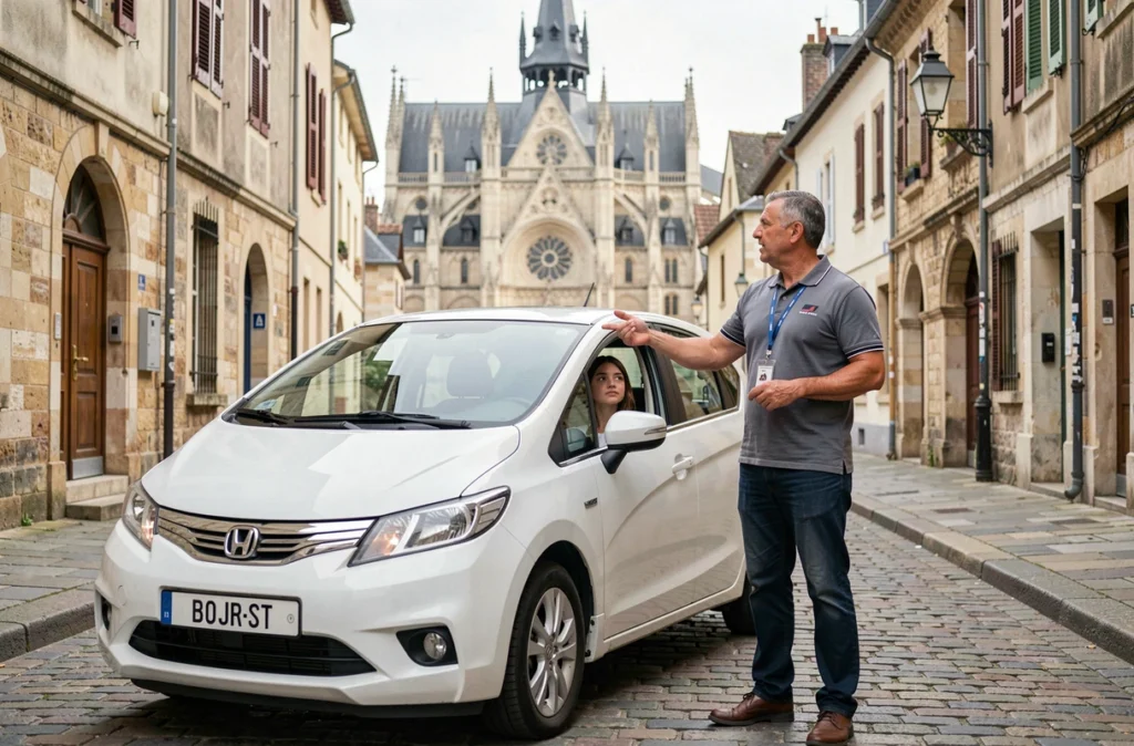 Moniteur de l'Auto-École du Château à Bourges devant la cathédrale Saint-Étienne