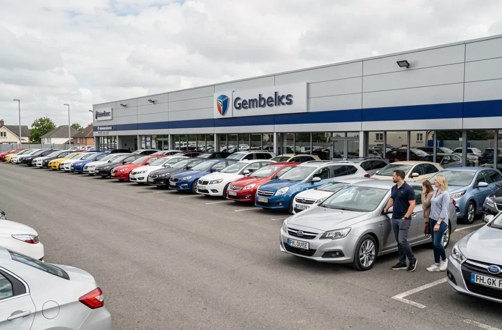 Parvis du concessionnaire Autosphere en Île-de-France avec des véhicules multimarques alignés et un conseiller accueillant des clients.