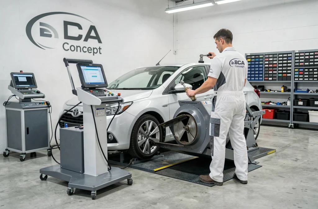 Mécanicien effectuant un parallélisme sur véhicule dans l'atelier BCA Concept à Beuvry