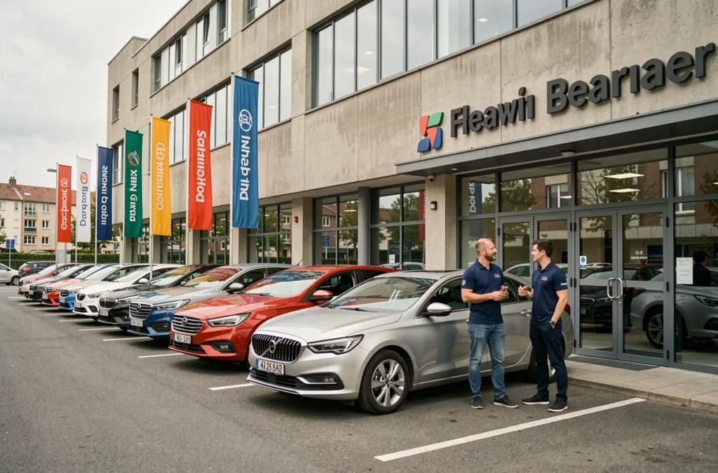 Extérieur d'un point de vente BYmyCAR en Île-de-France avec des véhicules multimarques et des conseillers en polo brandé.