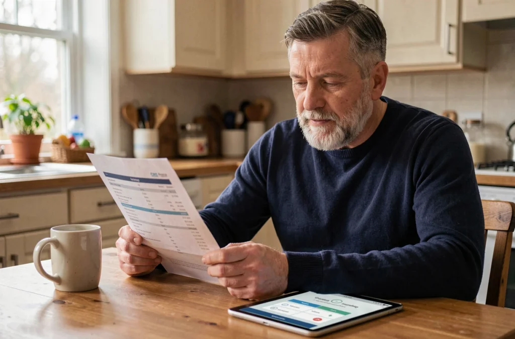 Homme calculant le budget mensuel pour l'achat d'une voiture sans permis à la maison